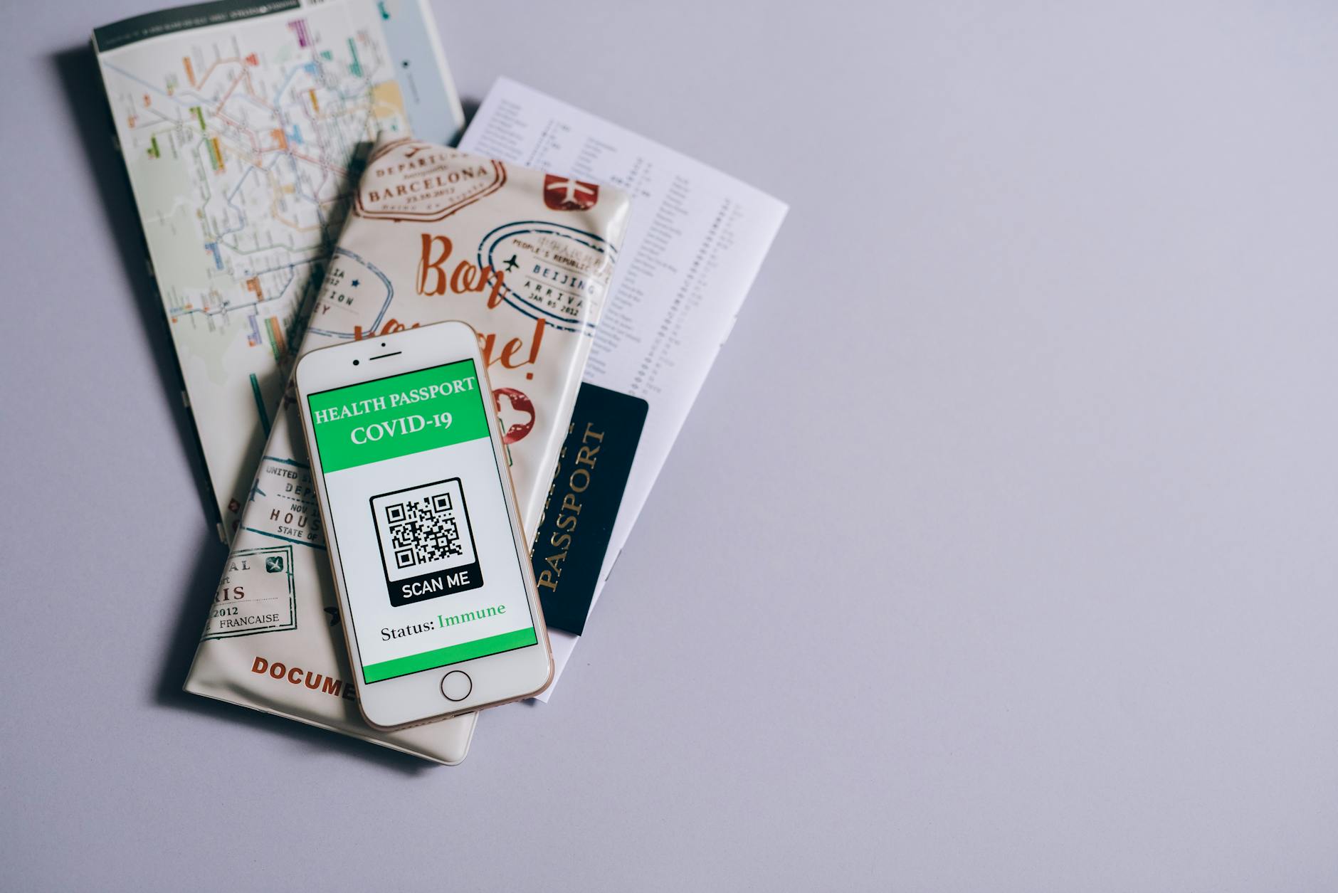 Traveler reviewing passport and visa paperwork before a trip