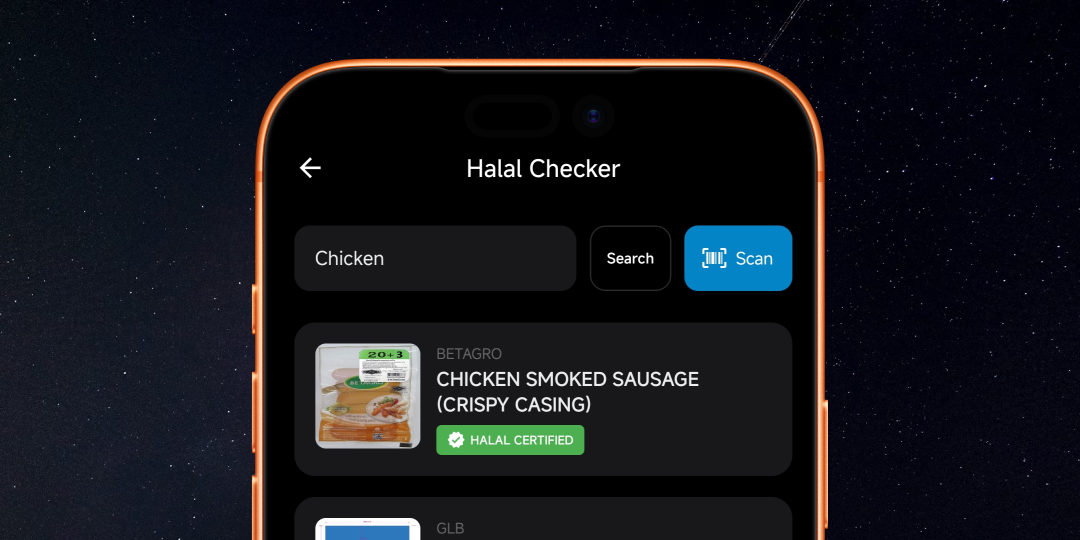 Muslim traveler checking halal food information on a smartphone in Thailand